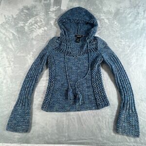 Vintage Express Womens Y2K Hoodie Sweater Sz XS Blue Grunge Indie Boho Crochet
